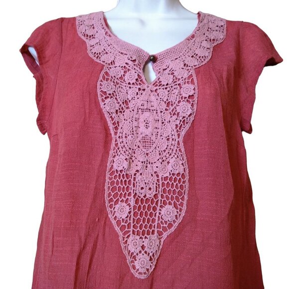 Cynthia Rowley Women's Medium Orange Cap Sleeve Crochet Yoke Pullover Blouse - Picture 4 of 5